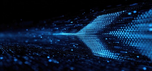 A glowing, digital arrow made of light particles points forward. A blurred stream of data follows