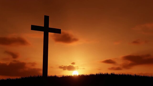 Christian Cross Silhouette on a Hill Against a Vibrant Golden Sunset Sky, Evoking Spiritual Reflection and Hope b roll for advertising and news