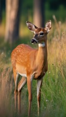Young Doe Standing in Golden Hour Meadow, Soft Sunlight Through Trees, Peaceful Wildlife Scene, Nature Illustration