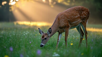 Young Fawn Grazing in a Sun-Dappled Meadow at Sunrise, Golden Light Rays Through Trees, Wild Nature Scene