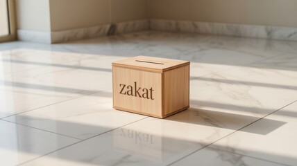 Zakat" donation box on a marble floor with natural light creating shadows, symbolizing Islamic charity and giving.
