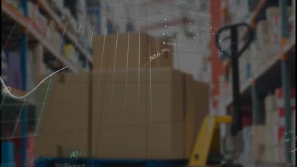 Animation of statistical and stock market data processing against boxes on pallet truck at warehouse - Powered by Adobe