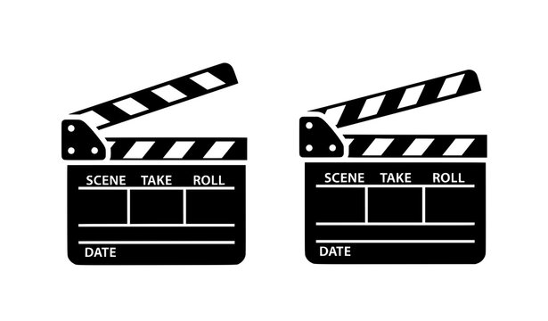Filled movie clapper board icon set with open and closed film slate silhouettes