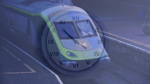 Animation of clock ticking fast over train moving from platform