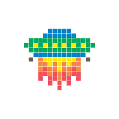Fototapeta premium A flat pixel design made of geometric square color blocks on a clean icon layout. Pixel art UFO