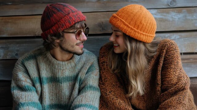 Two young cheerful individuals recording a podcast in a cozy cabin atmosphere wearing warm sweaters and hats