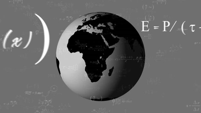 Stylized Earth globe floating in 3D render, featuring floating math formulas and chemical diagrams