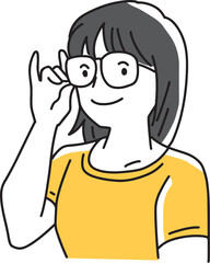 眼鏡を触る笑顔の女性