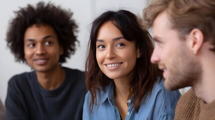 Diverse group of three young adults engaged in a friendly conversation indoors