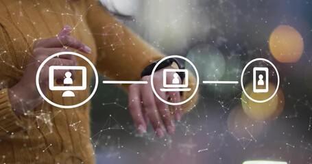 Woman tapping smartwatch on street, forming desktop laptop smartphone tech icons with network nodes - Powered by Adobe