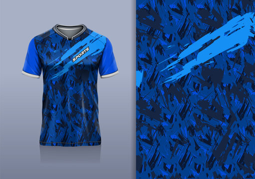 T-shirt mockup abstract texture grunge sport jersey design for football, soccer, racing, esports, running, blue black color