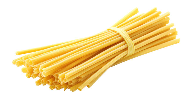 Bundle of uncooked bucatini pasta tied with straw on transparent background food