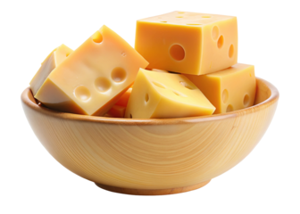 Fresh swiss cheese cubes in wooden bowl delicious dairy product for food blog and recipe ideas