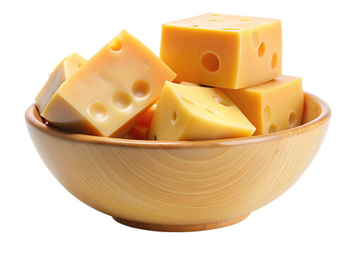 Fresh swiss cheese cubes in wooden bowl delicious dairy product for food blog and recipe ideas