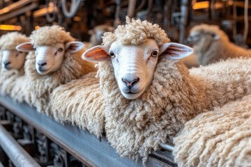 selective focus sheep shearing and wool processing plant