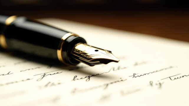An elegant close-up of a classic fountain pen with a gold nib resting on a handwritten letter in cursive script