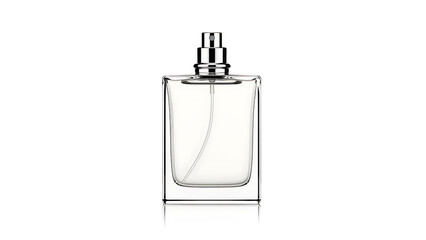 Elegant clear perfume bottle with silver cap on white background