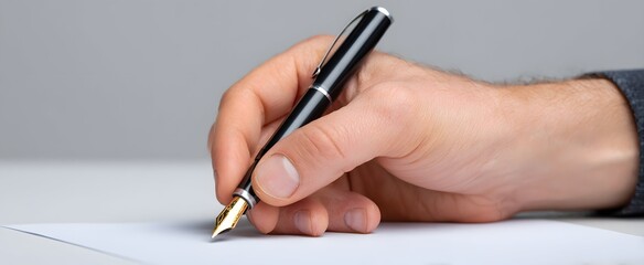 The hand writing with a pen dances like a river on blank paper.