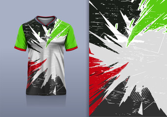 T-shirt mockup abstract texture grunge sport jersey design for football, soccer, racing, esports, running, red green black white color © Nimpuna O