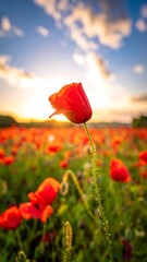 Poppy field under a vibrant sky at sunset, focus on one bloom in the foreground