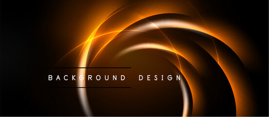 Dark background features glowing orange curves. Abstract design evokes energy, motion, futuristic feel. Text reads background design.