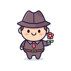 Obraz premium Cartoon Detective Holding Flowers Illustration