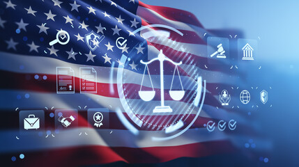 Legal justice and law concept with digital icons over waving American flag background representing...