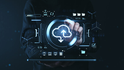 Cloud storage concept with futuristic digital interface showing file upload and download service on dark background with glowing blue graphics.
