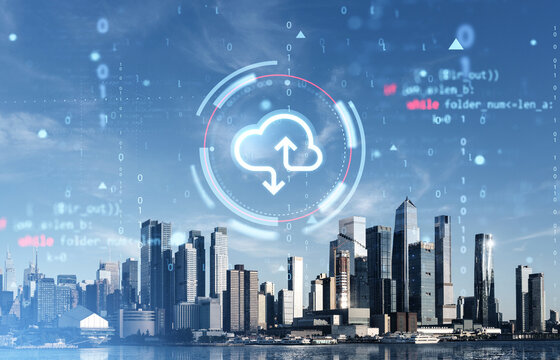 Cloud storage concept with digital data interface over Manhattan skyline in New York City, USA on clear sky background representing global file service. - Powered by Adobe