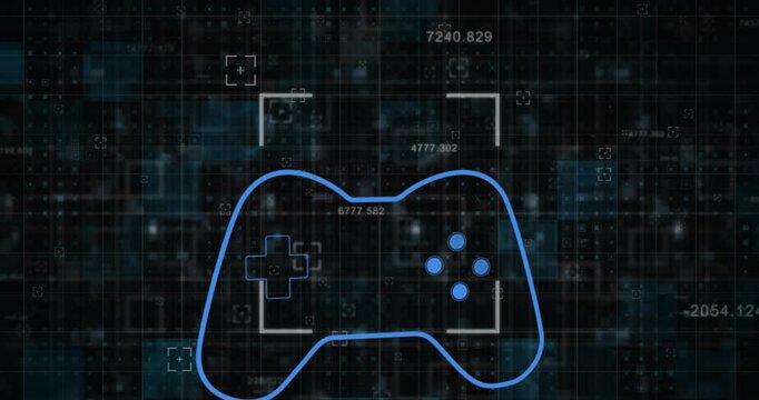 Multiple changing numbers and scope scanning over gaming controller icon against blue background