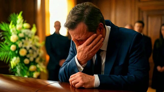 Grieving man in dark suit deeply mourns the loss of a loved one while attending a somber and emotional funeral service with other attendees present