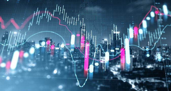 Digital stock market chart with glowing forex and crypto candlestick graphs over a city skyline background representing investment and financial concept.