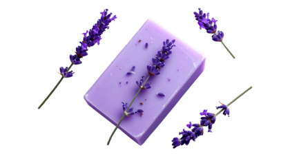 Lavender soap bar with flowers isolated on solid background1
