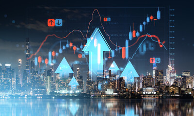 Financial stock market growth concept with rising chart and arrows over modern city skyline at night, emphasizing future investment trends..