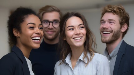 A diverse group of young professionals share laughter and positive engagement during a collaborative discussion in a bright indoor setting