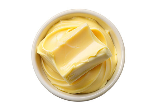 Top down view of butter in a white bowl perfect for baking cooking and spreading food prep