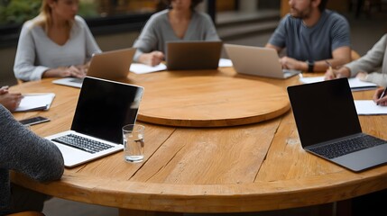 A collaborative team works around a round table with laptops and papers fostering a productive business meeting