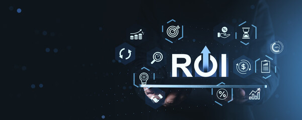 ROI concept with financial and marketing icons on futuristic digital background held by hand, symbolizing strategy and performance improvement.