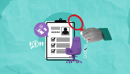 Recruitment concept with checklist, magnifying glass, and office chair on crumpled turquoise background representing hiring process and candidate evaluation.