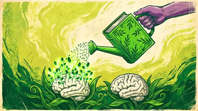 Metaphorical illustration depicts knowledge and learning actively nurturing brain growth with water from a book shaped like a green watering can.
