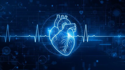 Abstract Medical Illustration of Human Heart Neon Silhouette with Heartbeat EKG Pulse Line