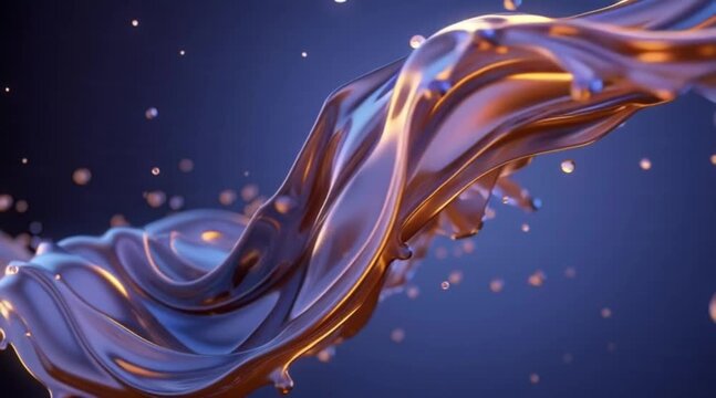 Golden liquid splashing dynamically against dark blue background