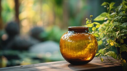 Warm amber glass vase on a rustic wooden table with vibrant green foliage and sunlight bokeh in the background.