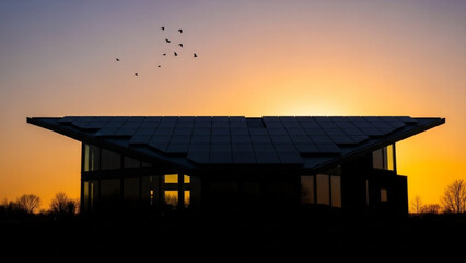 Obraz premium A serene sunset scene showcases a modern building's silhouette with birds flying overhead in the evening.