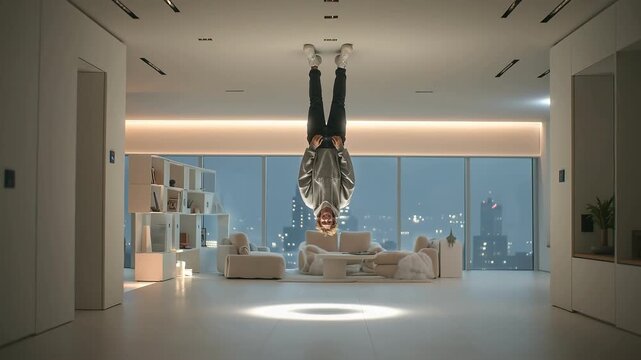 Young blond man upside down indoors, warm modern room frontal portrait
