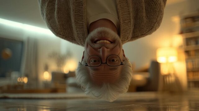 Elderly man upside down in cozy living room with warm evening lighting