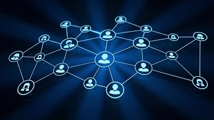 Abstract digital network of interconnected people icons on a glowing blue background, symbolizing social connection and communication - Powered by Adobe