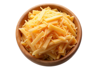 Top view of shredded cheddar cheese in wooden bowl for cooking and food photography use