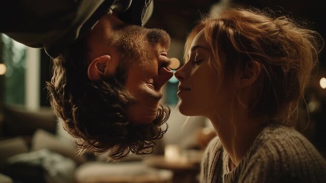 Upside down man leaning toward woman for tender near kiss at home