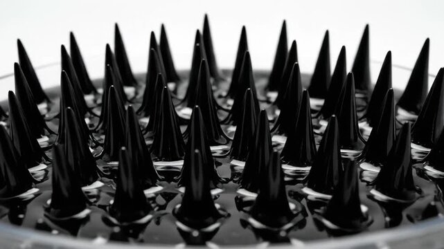A scientific demonstration of black ferrofluid in a petri dish reacting to a magnetic field, its surface erupting into sharp, mesmerizing spikes